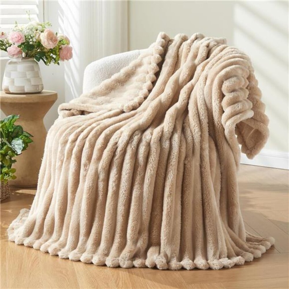 Super Soft Throw Blanket Brown Ribbed Premium Silky Flannel Fleece 50"x60"